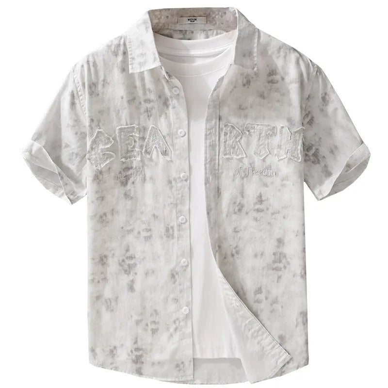 Men's grey white hanging dyed printed cotton cardigan with short sleeves and loose fit