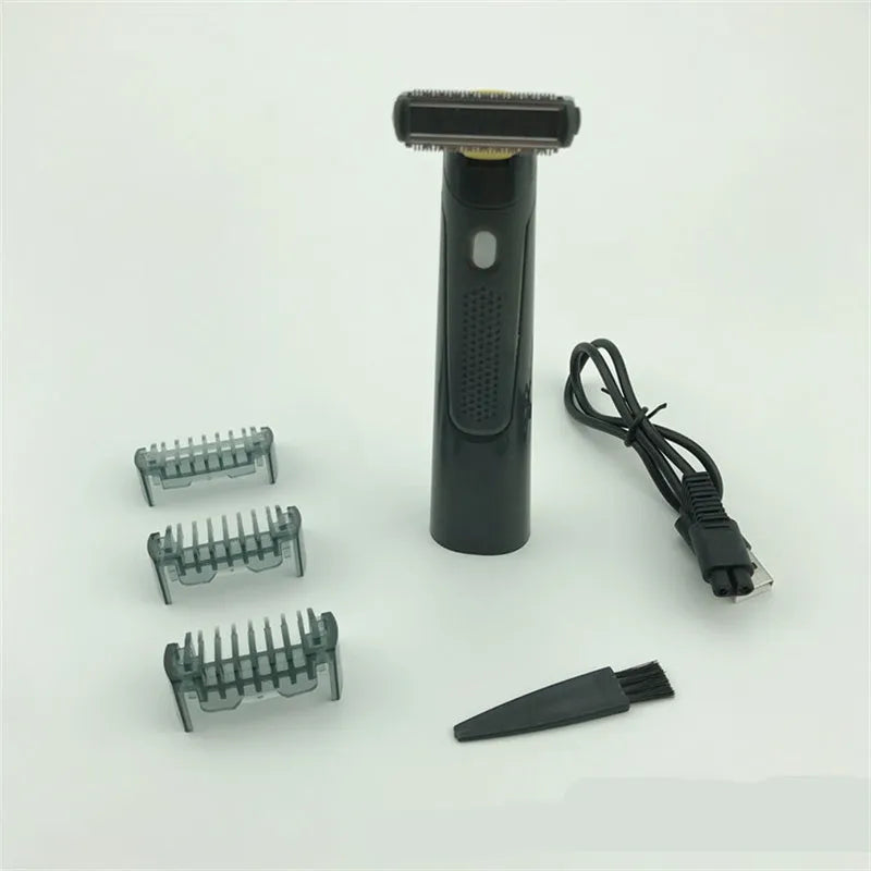 Black wireless rechargeable men's shaver with LED light on a compact stainless steel blade head