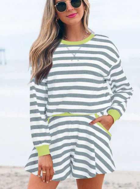 Women's black stripe cotton elastane blouse and shorts two-piece set with ribbed banding