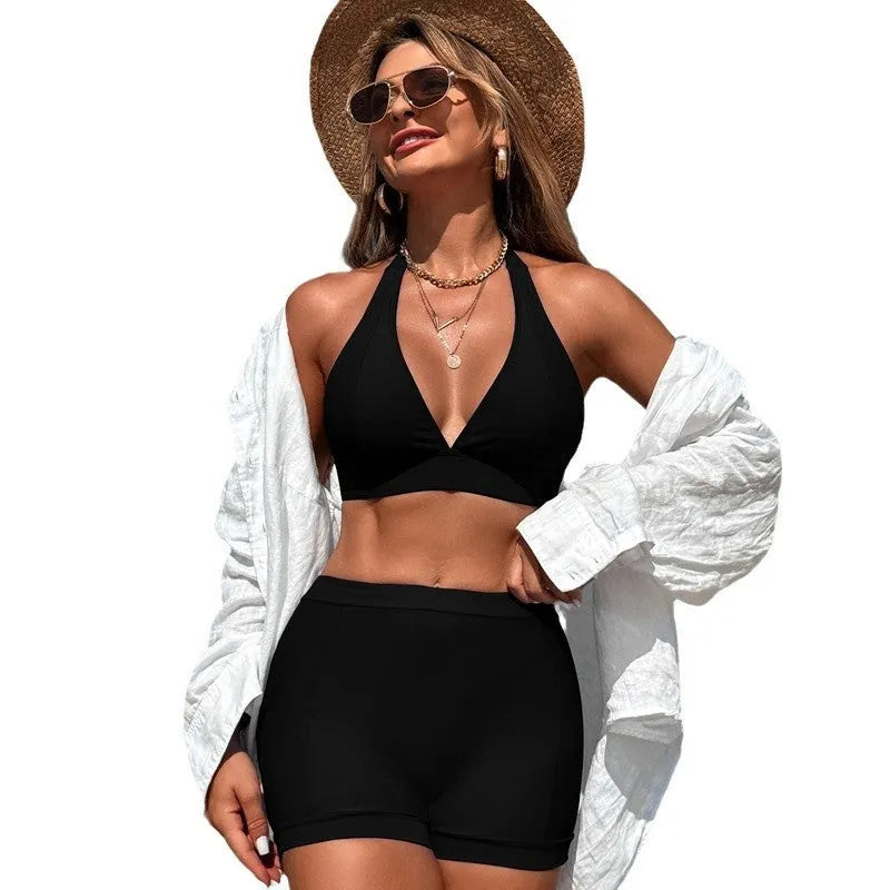 Women's nylon bikini swimsuit in black, pink, blue, and purple colour options