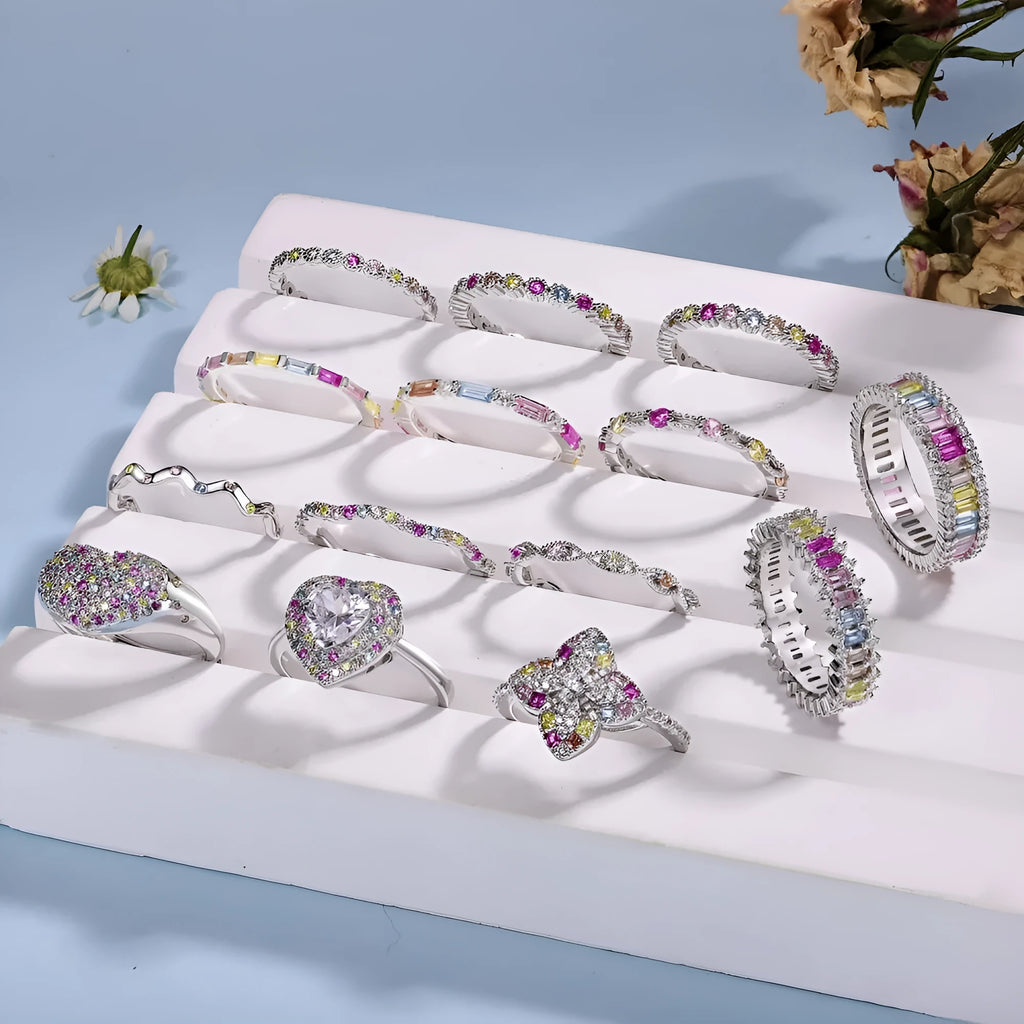 S925 sterling silver ring with colour zircon, geometric round shape, adjustable open band, sizes 5 to 9
