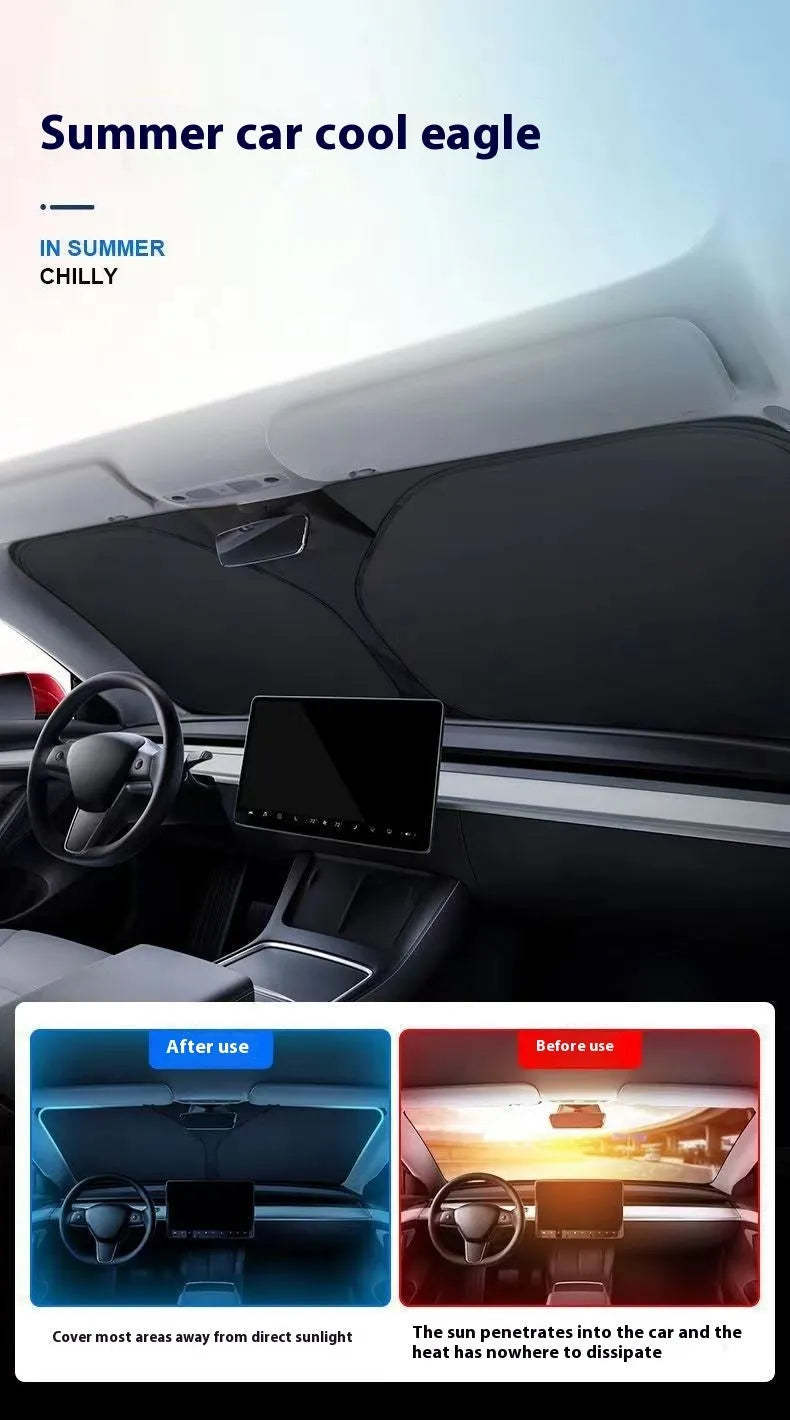 Titanium silver aluminium foil car sunshade folded, showing reflective surface and size options for windscreen protection.