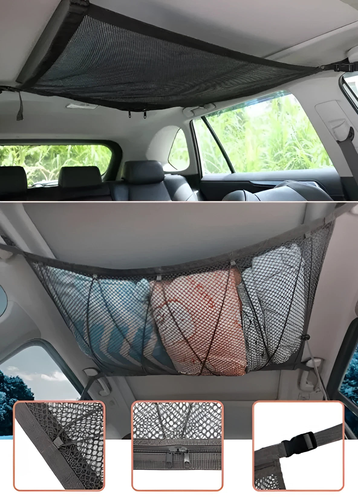 Black multifunctional hanging car storage bag double-layer mesh on car top interior with drawstring option
