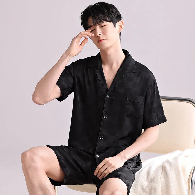 Men's artificial silk cardigan pajama set in satin jacquard plaid pattern with shorts