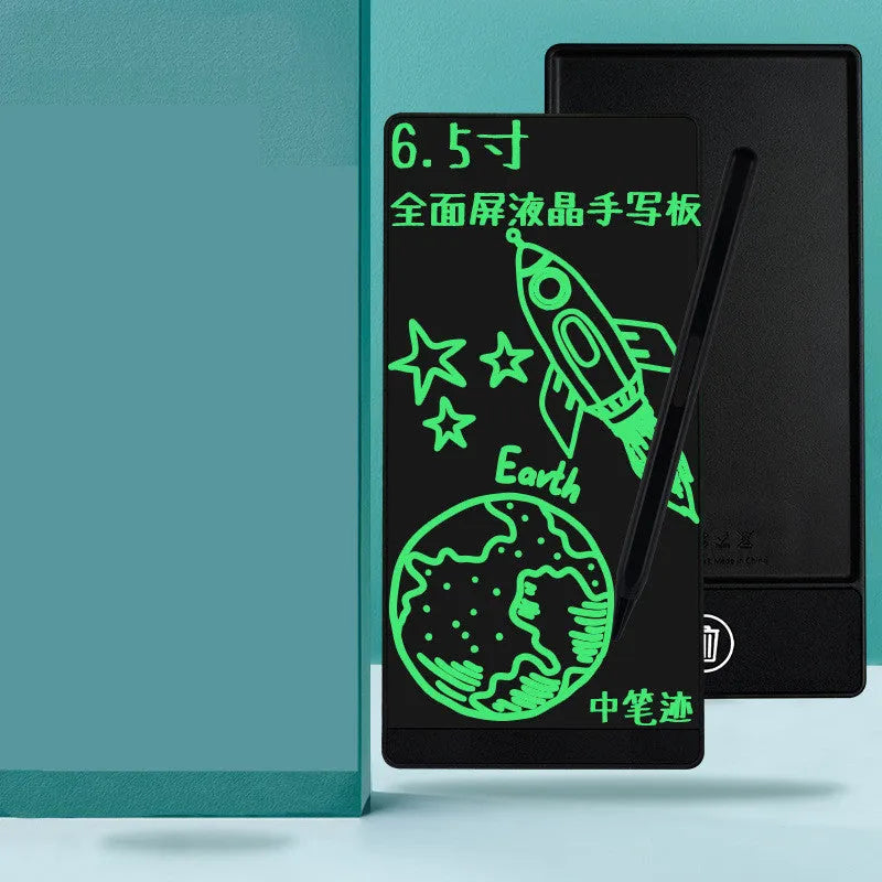 Blue LCD writing tablet with stylus on a 6.5-inch screen showing handwritten notes.