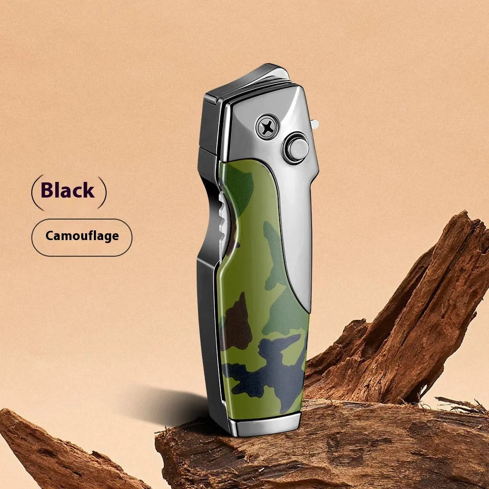 Closed metal folding lighter with integrated knife in a carbon fibre finish, showing the safety lock and refill valve.