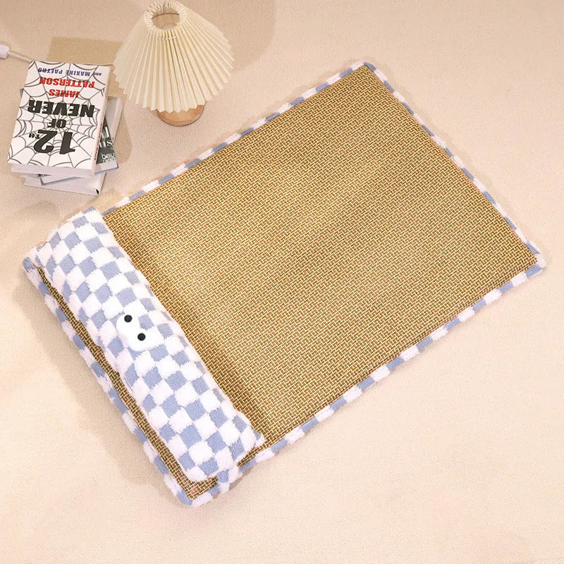 Four-season pet nest cushion in grey or yellow available in four sizes with measured dimensions and weight recommendations