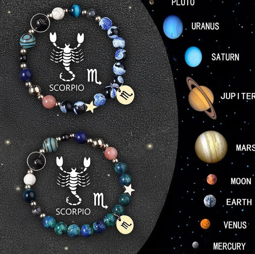 Set of two natural stone beaded bracelets representing the twelve zodiac signs.