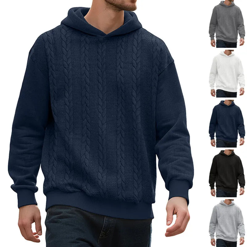 Men's casual thick jacquard hooded sweatshirt wool lined winter loose fit polyester