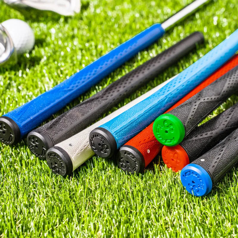 TPE and TPR material golf club grip shown in assorted colours including pink, red, blue, and black with coloured heads.