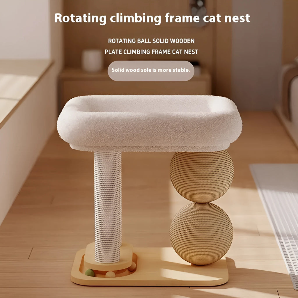 Solid pine wood cat house with two sisal rope scratching posts and a large enclosed sleeping compartment