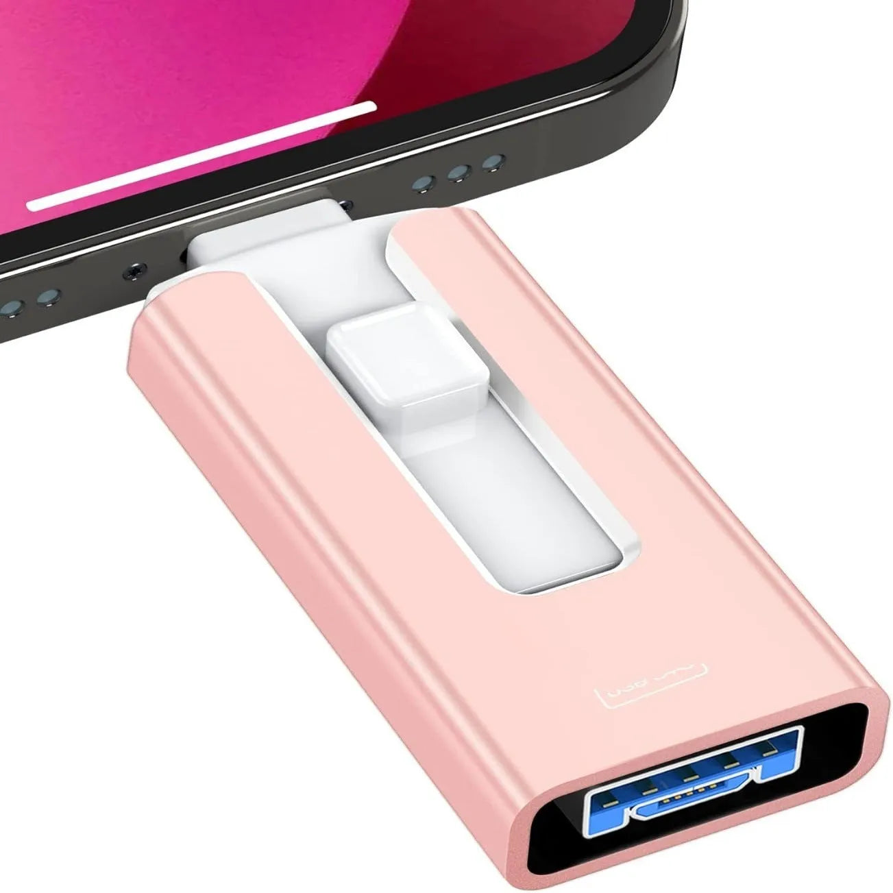 Multifunctional metal thumb drive with push pull connector in silver against neutral background