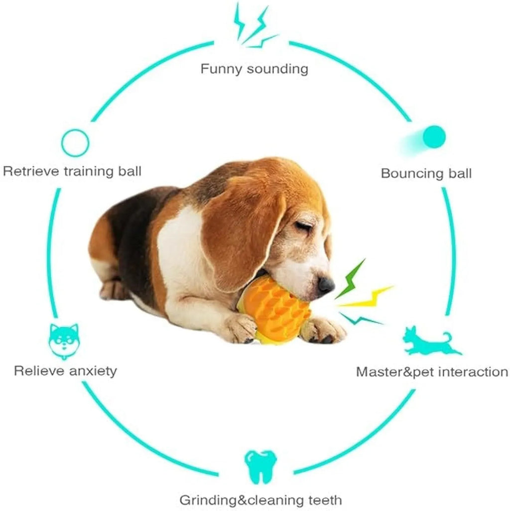 Blue and orange squeaky dog ball toy with spiky dental cleaning surface for aggressive chewers