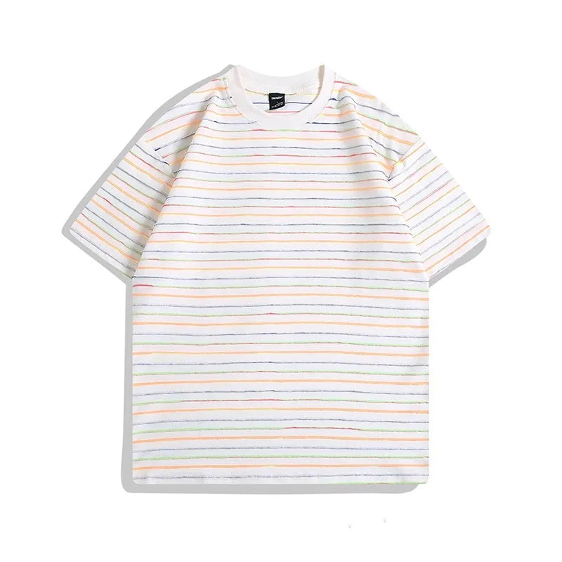 Men's striped loose fit short sleeve T-shirt in apricot colour with round neck and half sleeve design