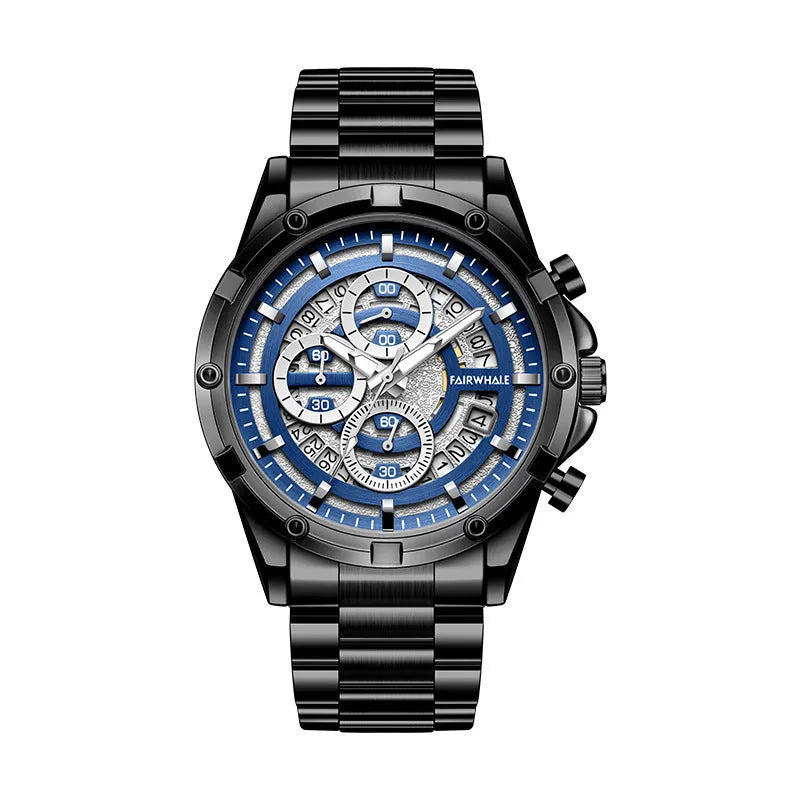 Men's waterproof luminous quartz watch with steel belt in black/blue, black/gold, or silver/white colour options