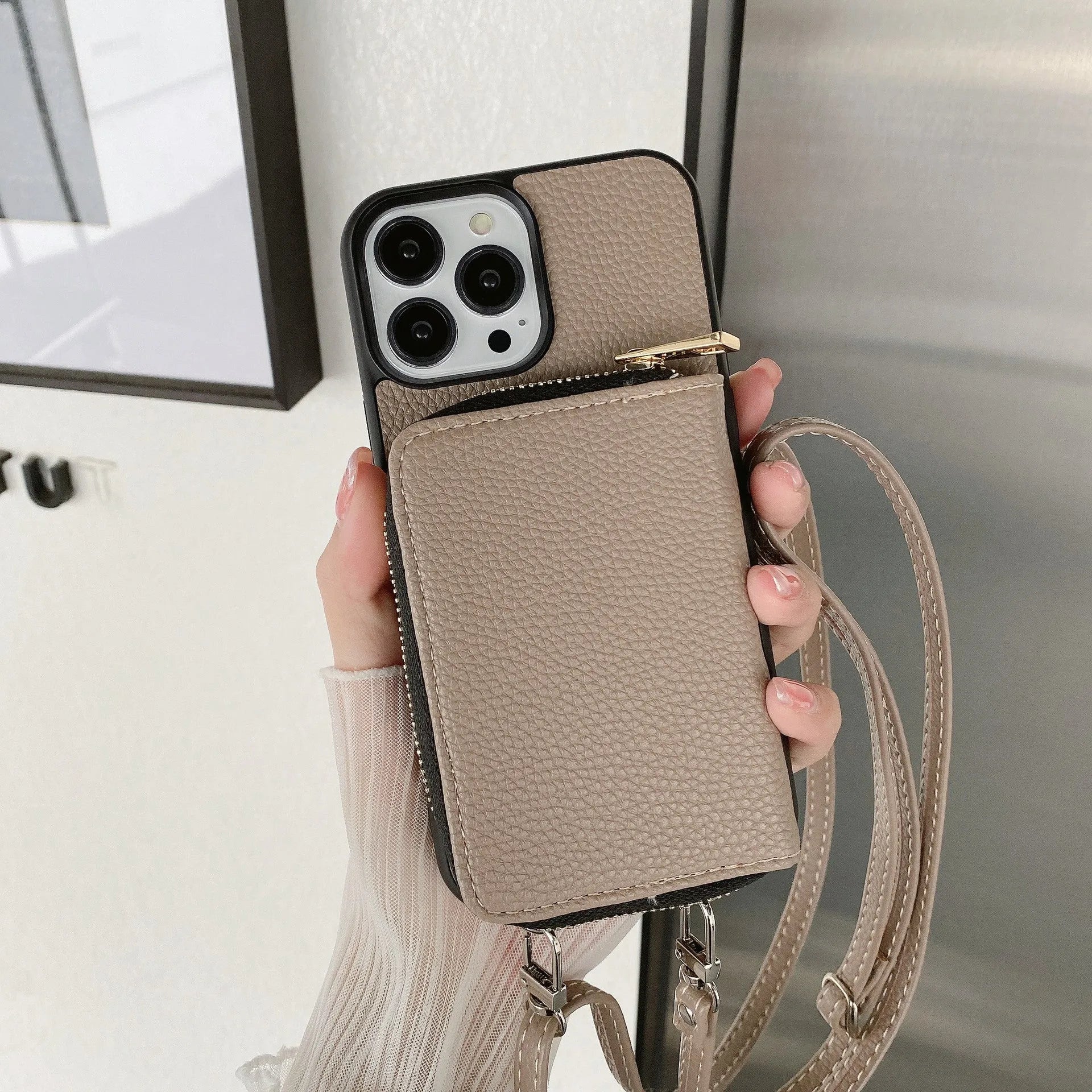 Litchi pattern phone case for iPhone in PC and leather, shown in blue colour.