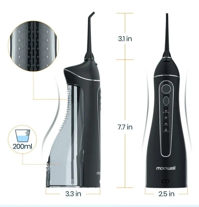 Black Prooral Mornwell portable oral irrigator with water tank and nozzle for dental cleaning.