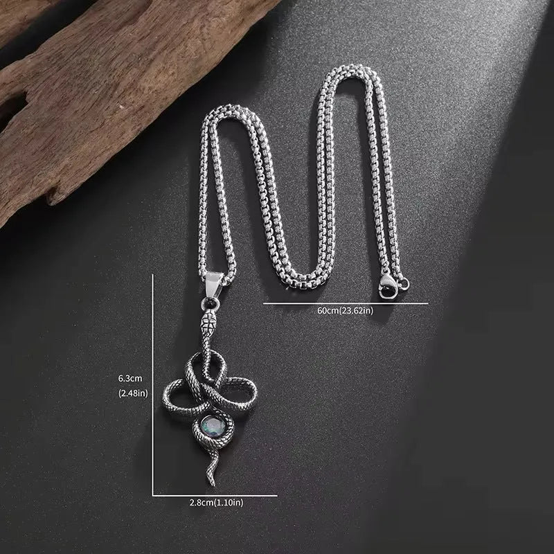 Vintage snakelike winding alloy pendant necklace with inlaid jewel on a pearl chain, 51-60cm perimeter