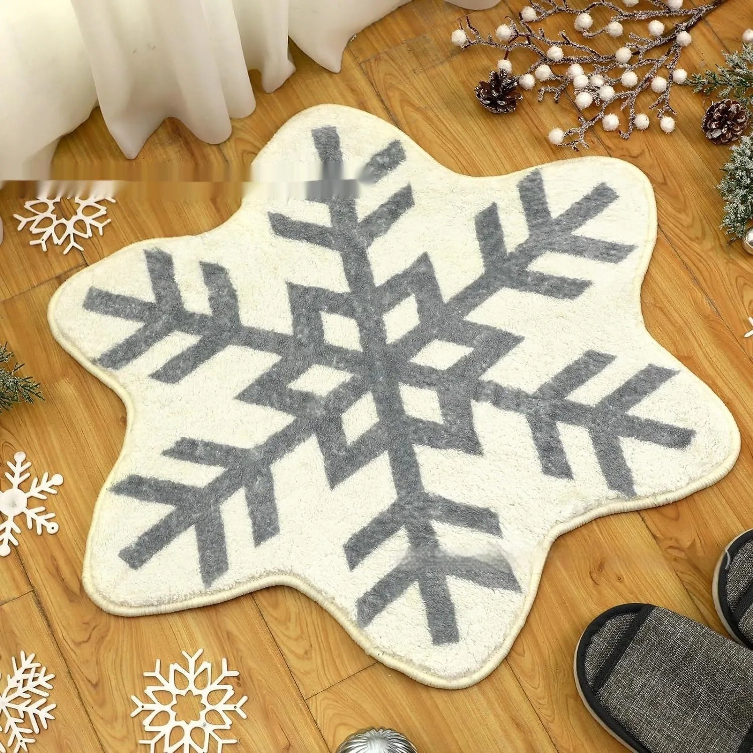 Christmas-themed printed round polyester rug on a wooden floor