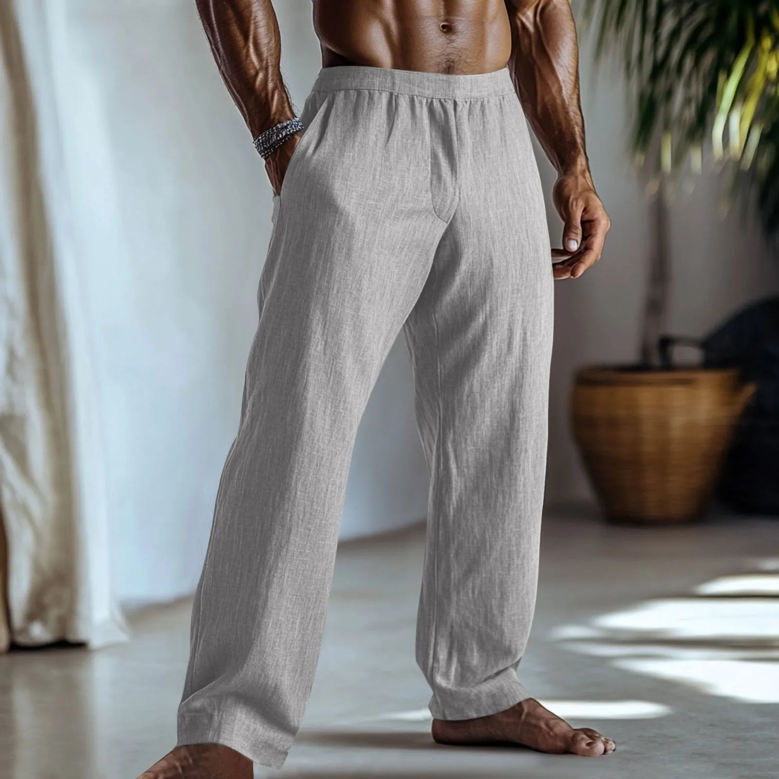 Cotton and linen straight-leg trousers in light green colour with visible pockets and straight hem