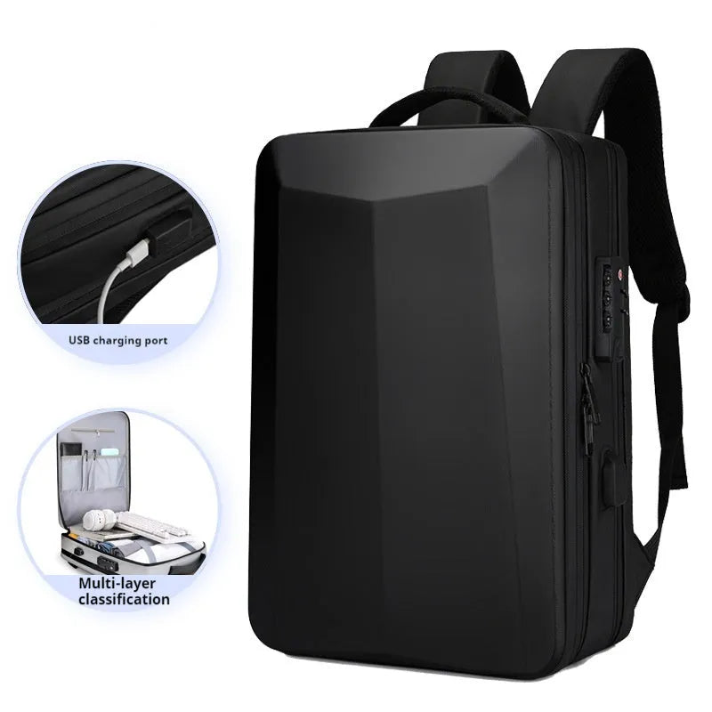 Black and silver white men's business backpack made of ABS PC and Oxford cloth, shown in 15 inch and 17 inch sizes.