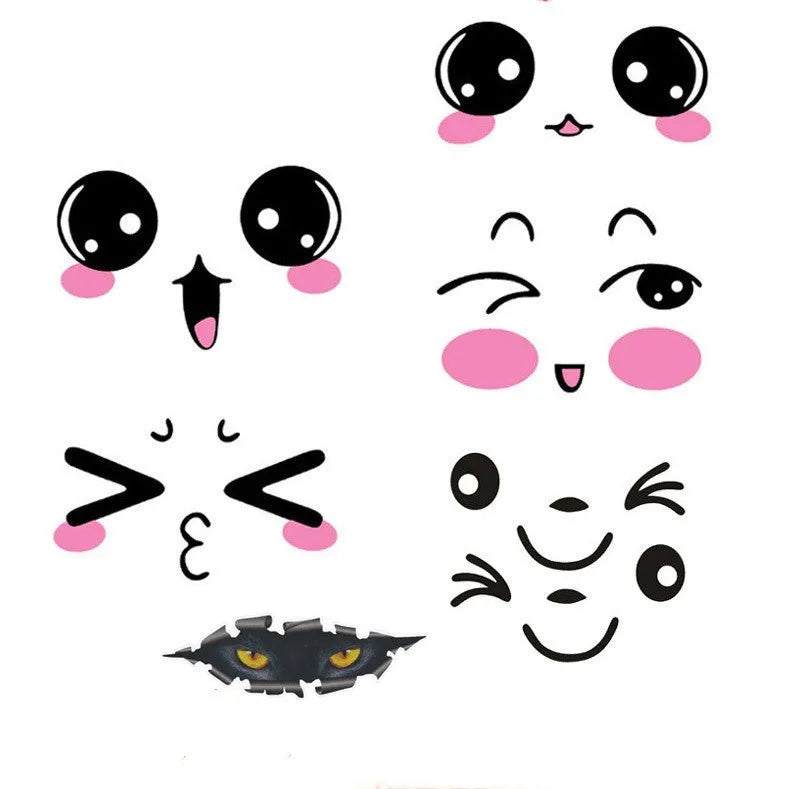 Pair of reflective cartoon car stickers with cute eyes on a car rearview mirror.