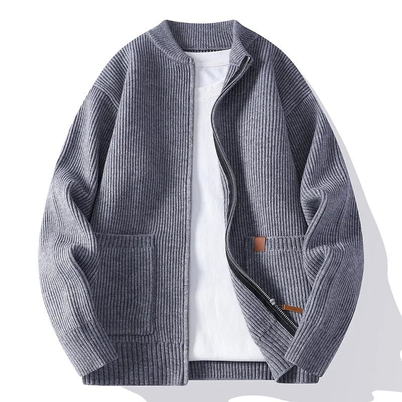 Men's straight-fit striped sweater cardigan in a choice of five colours on a size chart.