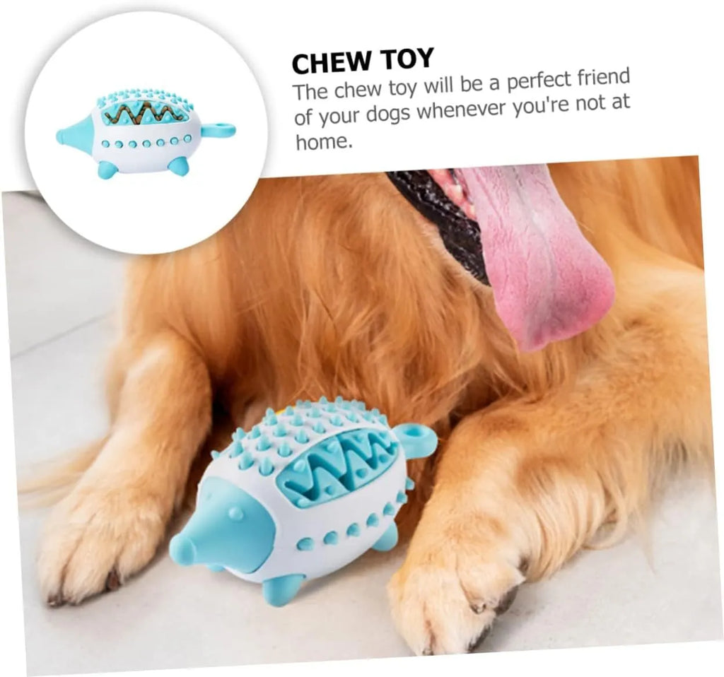 Blue wear-resistant treat dispensing dog toy with squeaky ball on white background