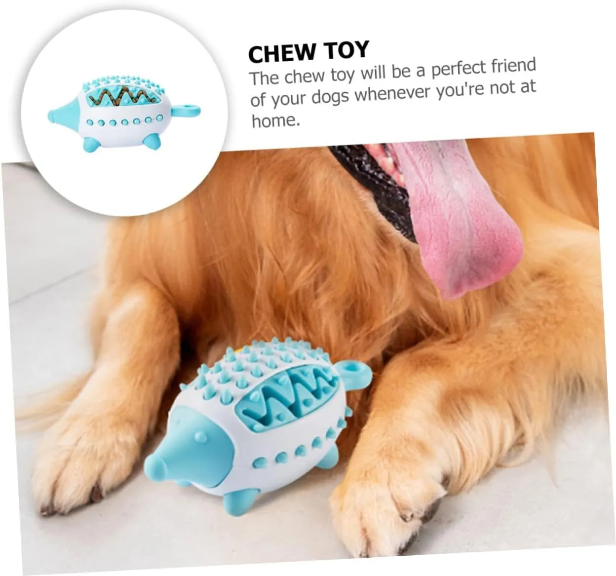 Blue wear-resistant treat dispensing dog toy with squeaky ball on white background