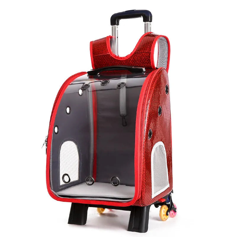 Transparent pet trolley diaper bag with folding shoulder design in blue colour