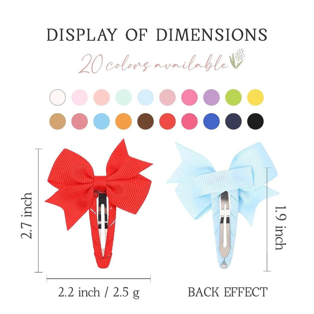 40 assorted colour grosgrain ribbon baby hair bow clips with fully wrapped snap barrettes on a white background.