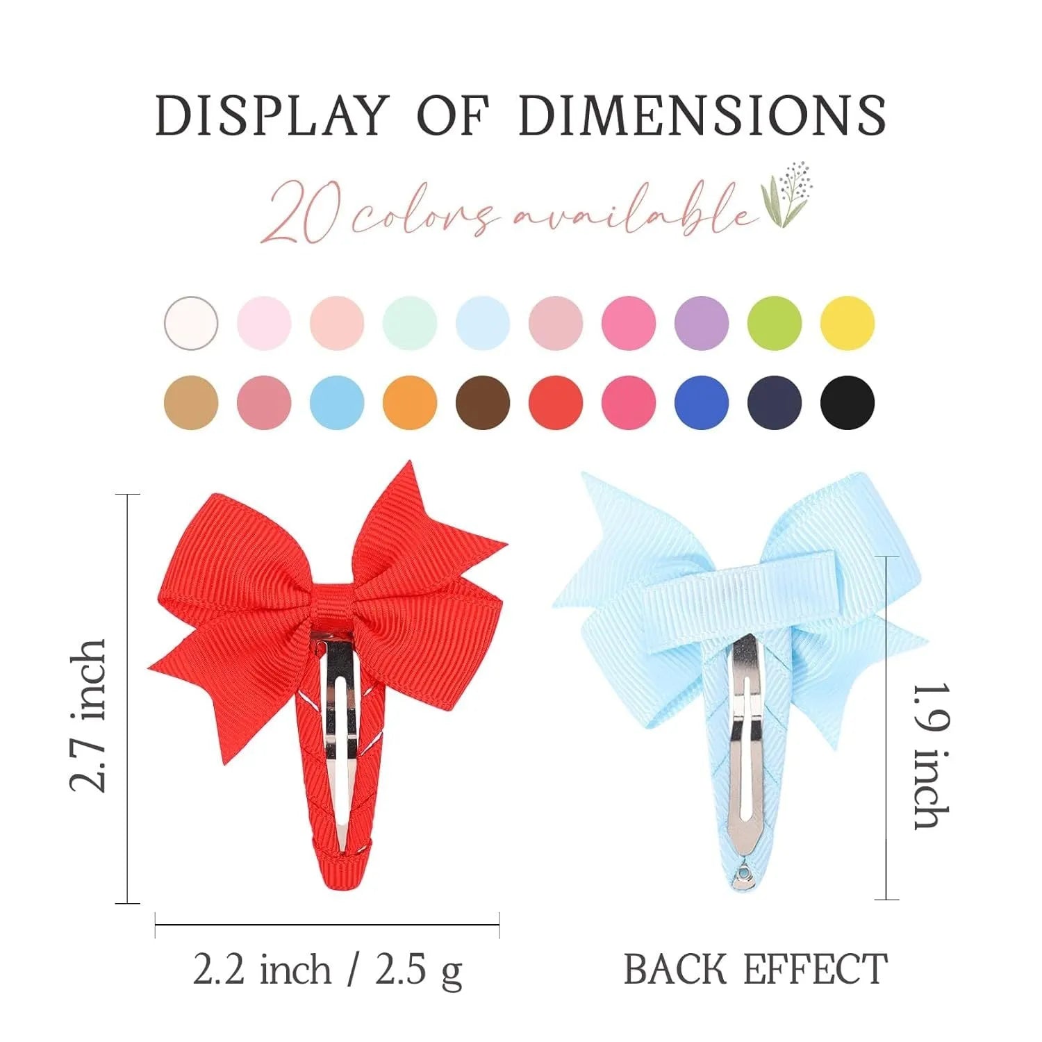 40 assorted colour grosgrain ribbon baby hair bow clips with fully wrapped snap barrettes on a white background.