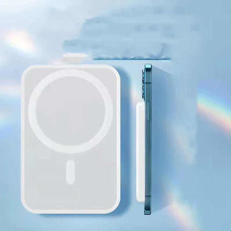 Portable magnetic wireless charger in white with 5000mAh capacity showing compact dimensions