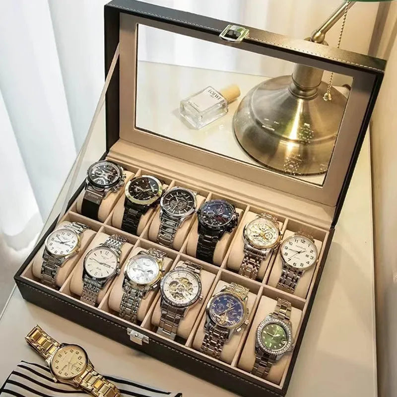Grey high-grade leather watch storage box with a clear see-through lid, shown holding multiple watches.