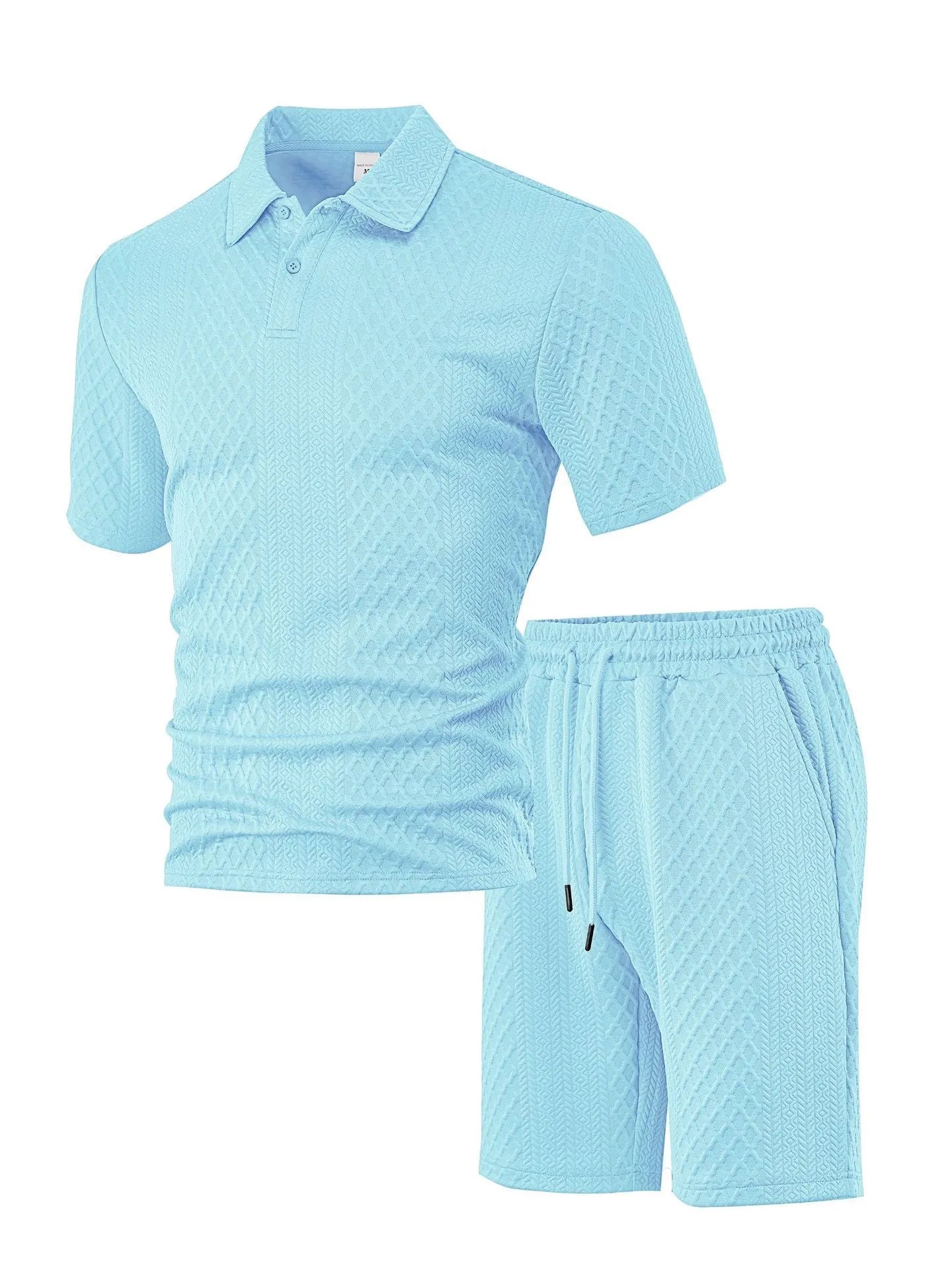 Men's patterned polyester casual suit with short-sleeve polo shirt and trousers in multiple colour options