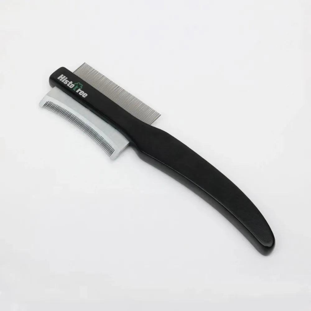 Black wood-handled pet grooming comb with double-sided stainless steel teeth for cat and dog grooming