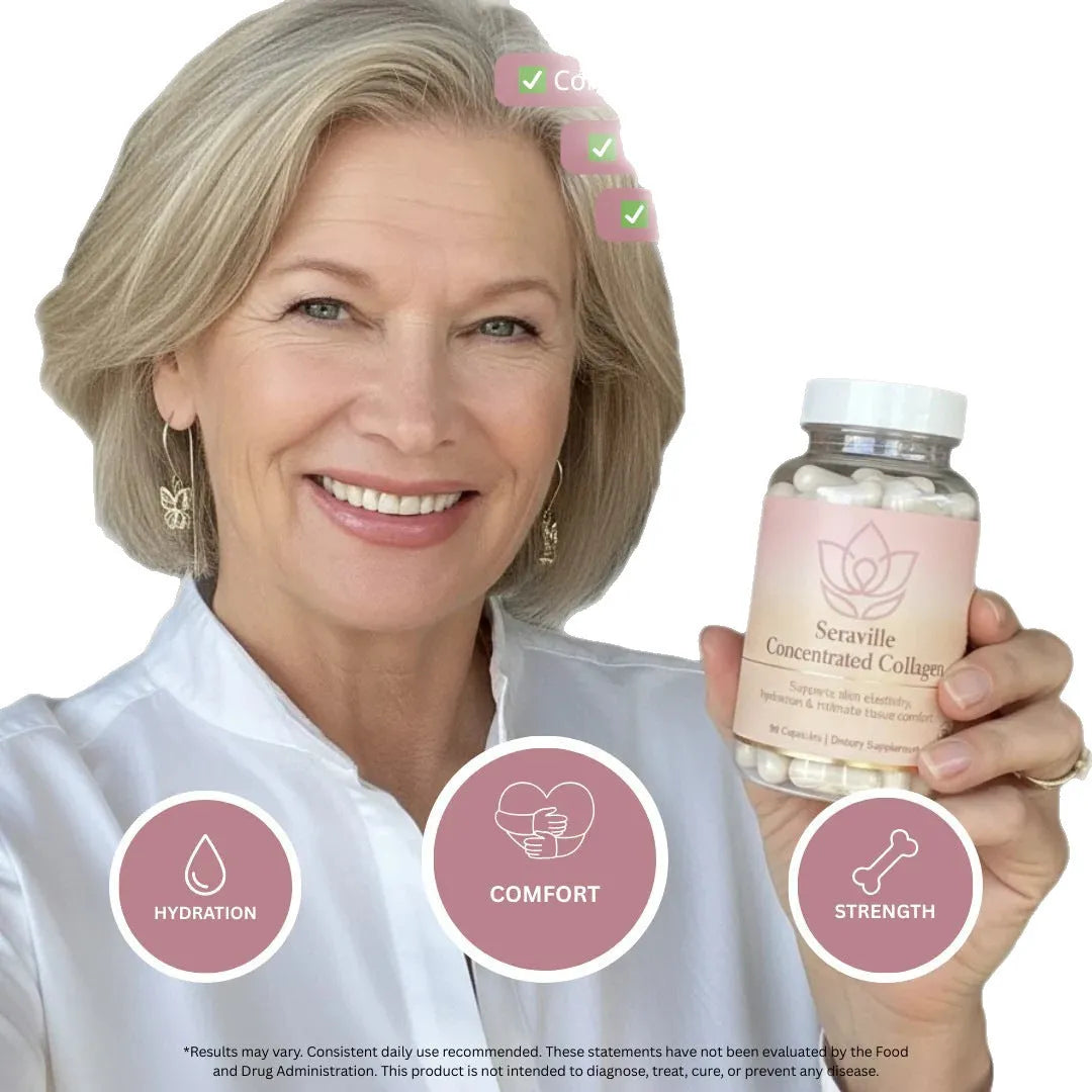 Bottle of 90 collagen capsules with label, capsule format supplement, cool storage