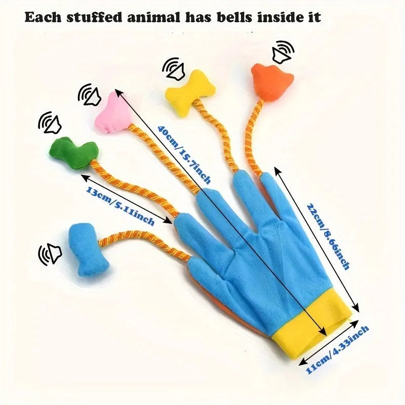 Yellow and blue Magic Glove cat teaser toy with plush bell trailer on a 40cm long handle.