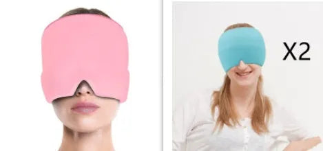 Black elastic cloth cooling gel eye mask for headache relief showing adjustable fit
