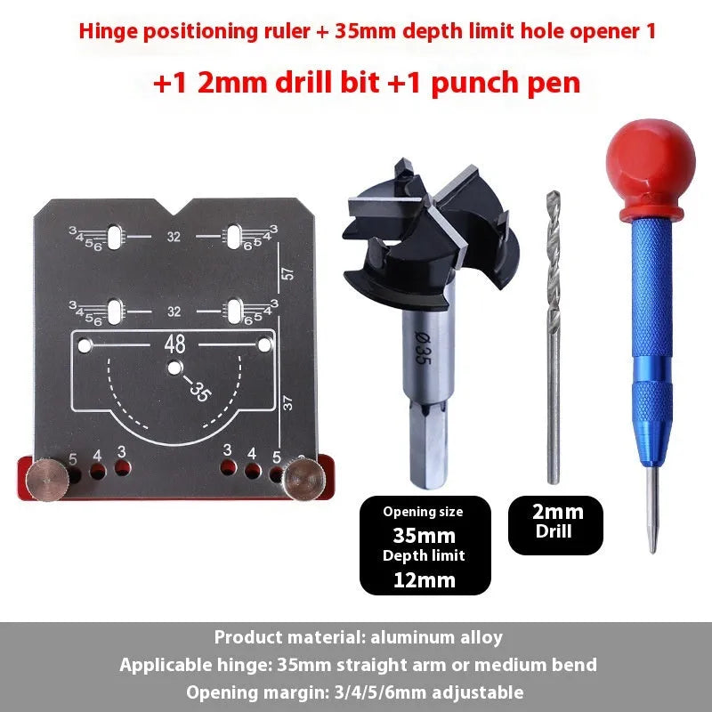 Red aluminium alloy hinge punch locator tool for 35mm cabinet hinge installation with adjustable margin settings