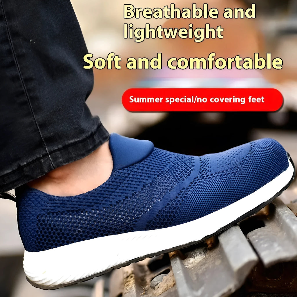 Men's lightweight steel toe work shoes in black, blue, and red with mesh upper and low-top design