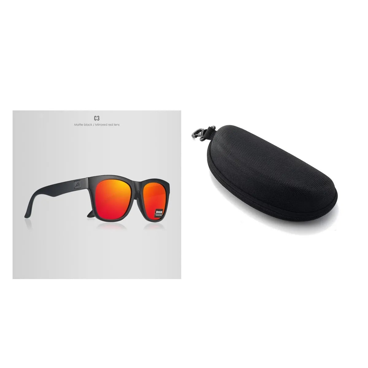 Polarised sunglasses with TAC lenses and PC frame for outdoor driving and fishing.