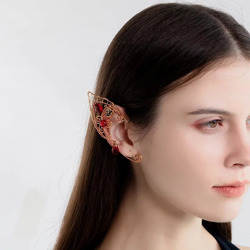 Retro red beads non-piercing copper earrings with electroplated finish, left 141 right 142 or pair