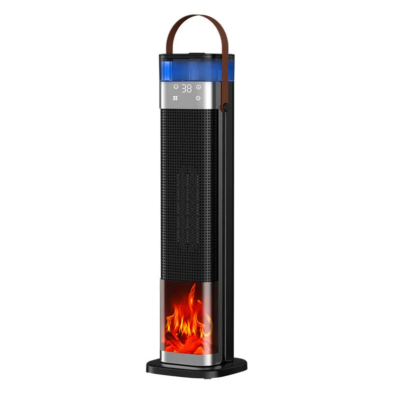 Tall vertical tower heater with humidification function and remote control on a wooden floor.