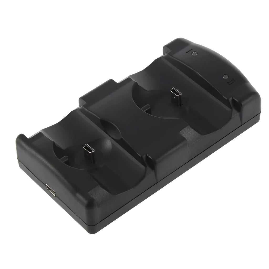 Black PS3 two-in-one wireless charging stand for PlayStation 3 controllers with USB cable