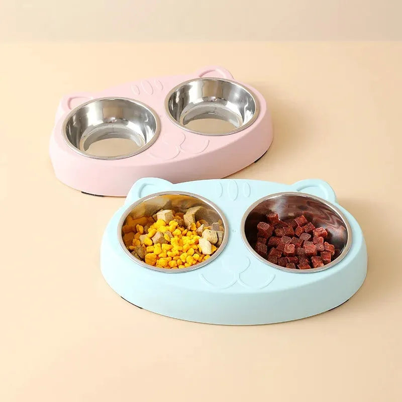 Blue macaron-shaped plastic pet feeder with two bowls and adjustable height legs