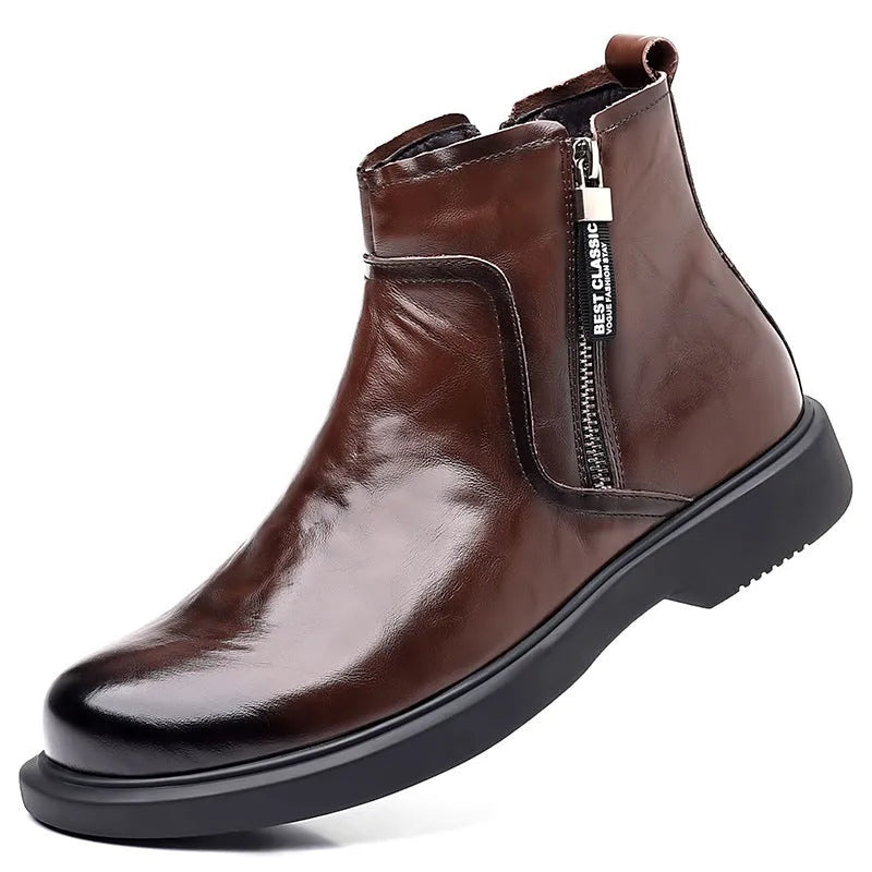 Men's brown and black genuine leather Chelsea boots with side zipper, mesh lining, low heel, and rubber sole.