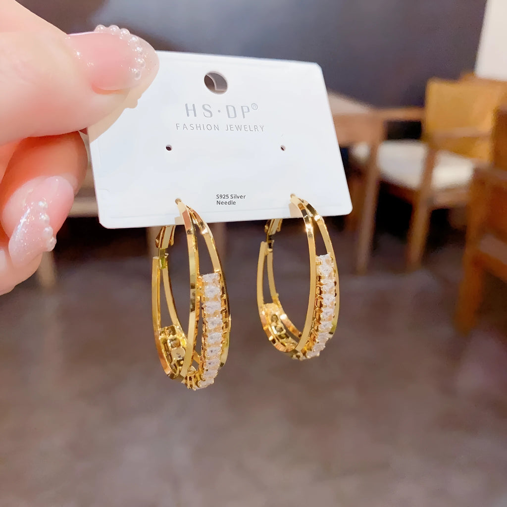 Zircon oval earrings in thick gold plated copper with geometric round shape, fashion OL style