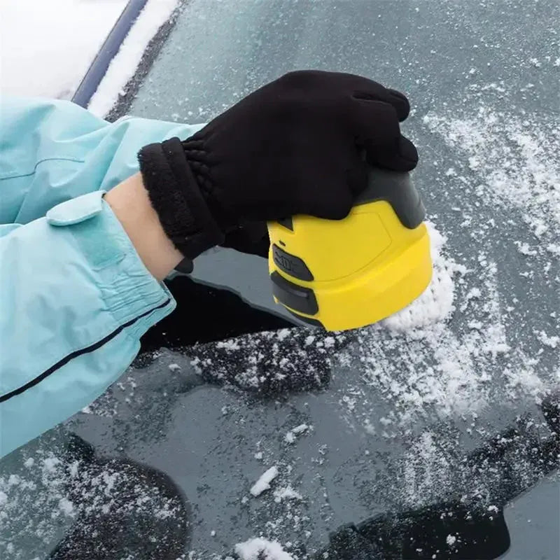 Yellow cordless electric car snow scraper with funnel shape and USB charging cable