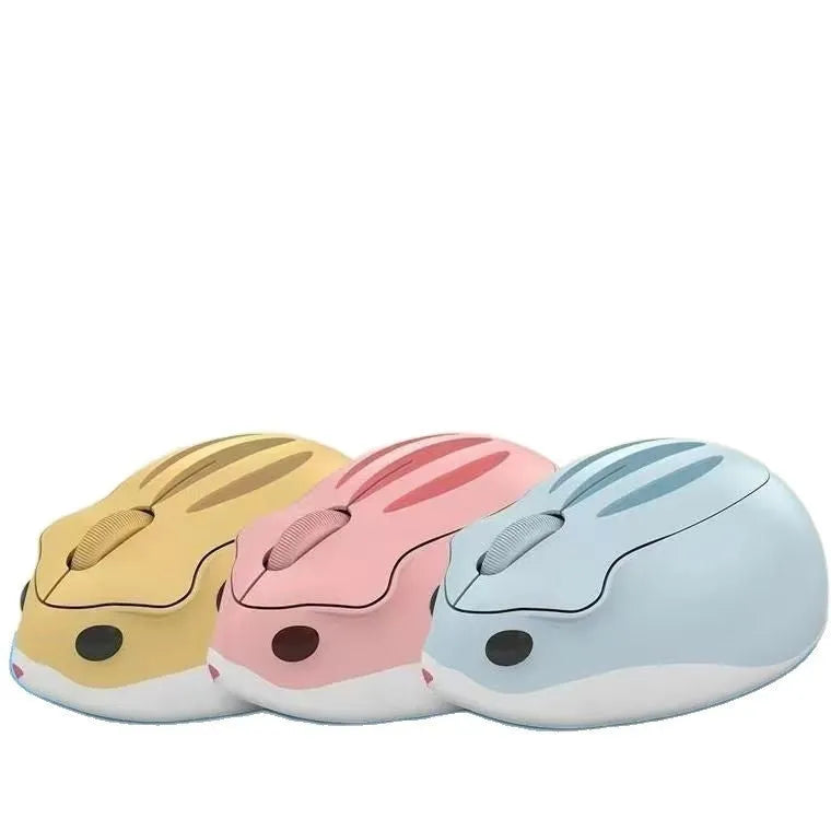 Hamster wireless Bluetooth mute mouse in grey, pink and yellow colour options showing compact design